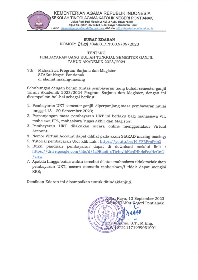 EDARAN PERPANJANGAN PEMBAYARAN UKT TAHUN AKADEMIK 2023 GANJIL